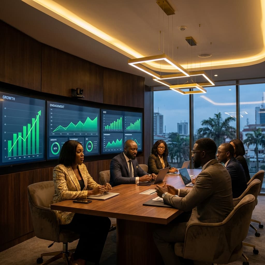 Lagos business owner reviewing marketing ROI dashboard