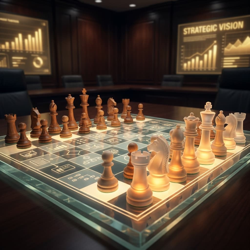 Strategic marketing planning visualization with chess pieces representing calculated moves
